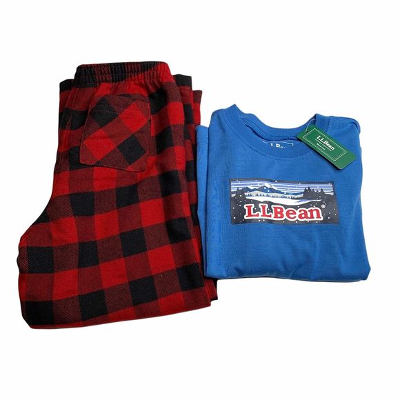 LL Bean Kids Pajamas Set Size 4 Graphic Printed top Plaid Flannel Pants NWT - Picture 2 of 11